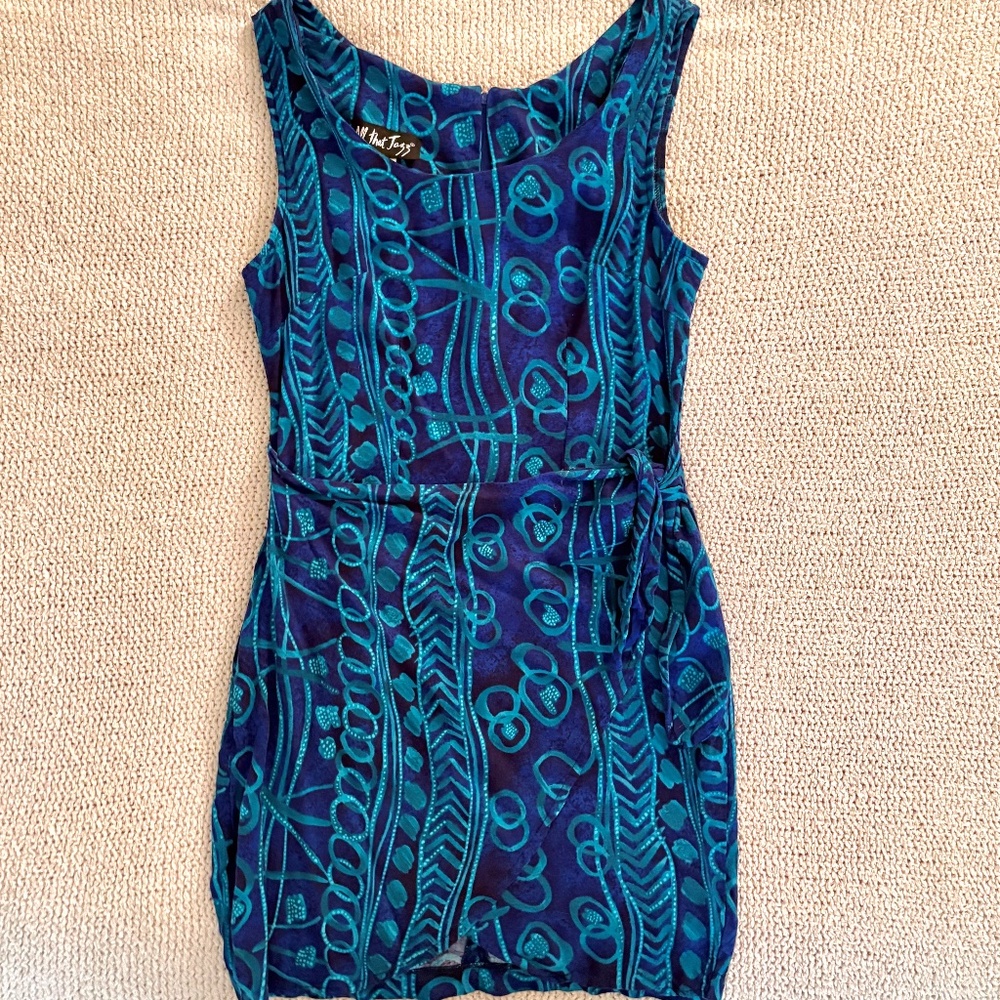 Vintage All That Jazz Blue/Teal Wrap Front Sleeveless Dress